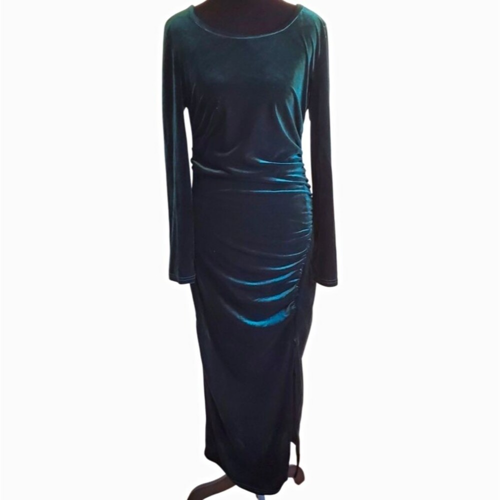Whimsigoth Velvet Emerald Green Ruche Midi Dress Side Slit Witchy Holiday Vamp M